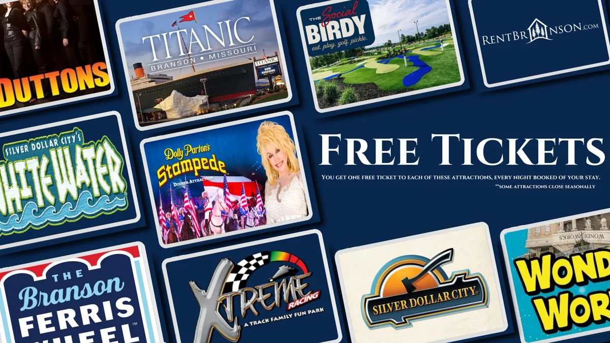 A collection of brightly colored attraction logos and text highlighting complimentary tickets to local entertainment, family activities, and adventure parks. The visual excitement of theme park rides, show venues, and water slides conveys the variety and appeal of included local experiences.